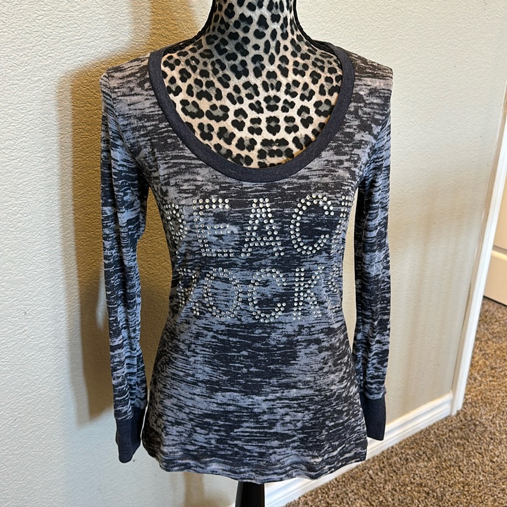 Women’s long sleeve sheer top with bling “PEACE ROCKS”, size M, new with tags